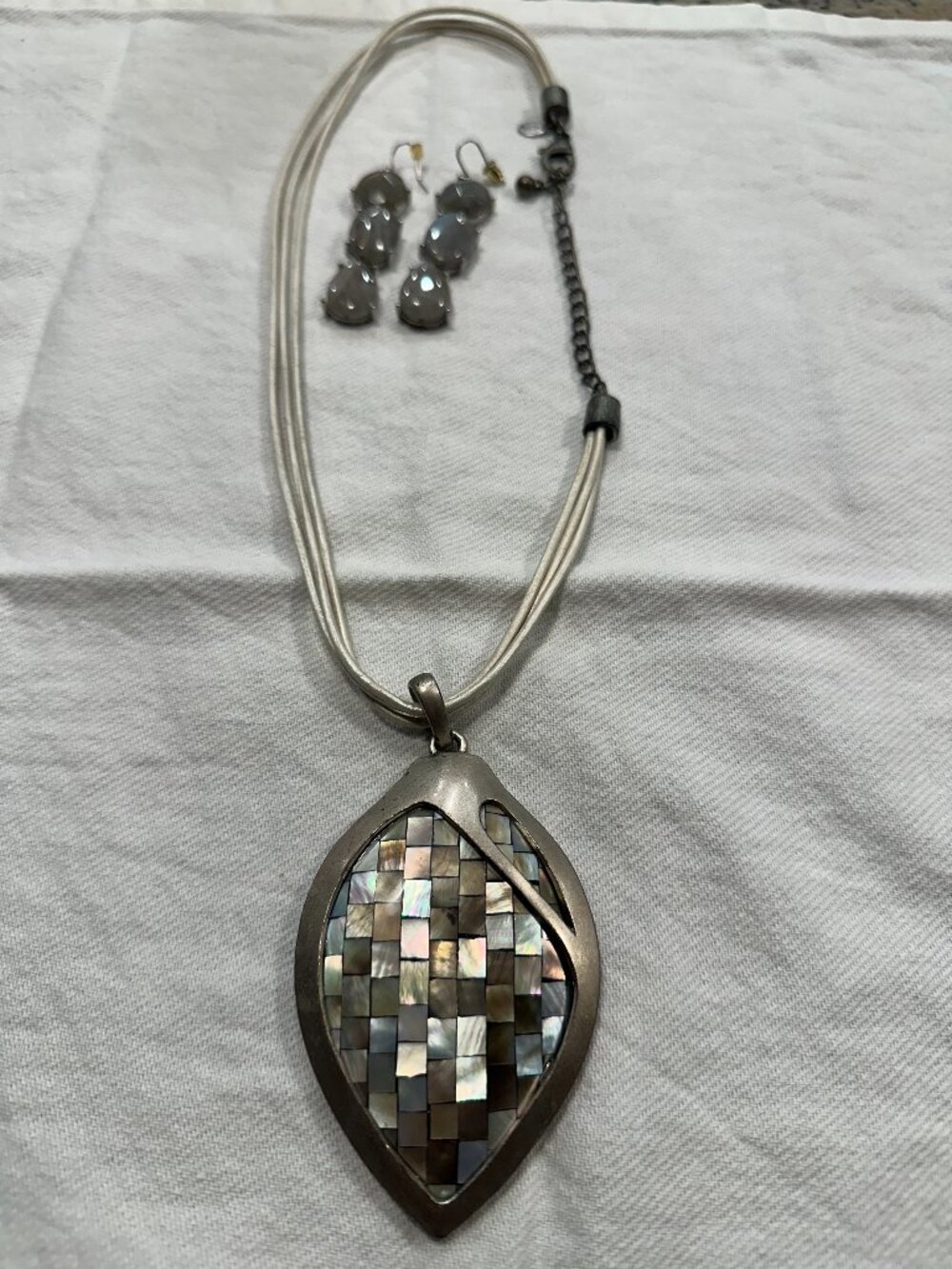 Chico's Mother of Pearl Mosaic Pendant Necklace and Earrings Set